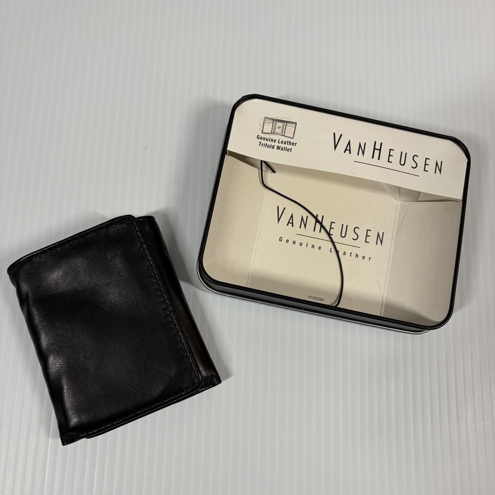 Van Heusen Tri Fold Genuine Leather Wallet Black Mens NEW